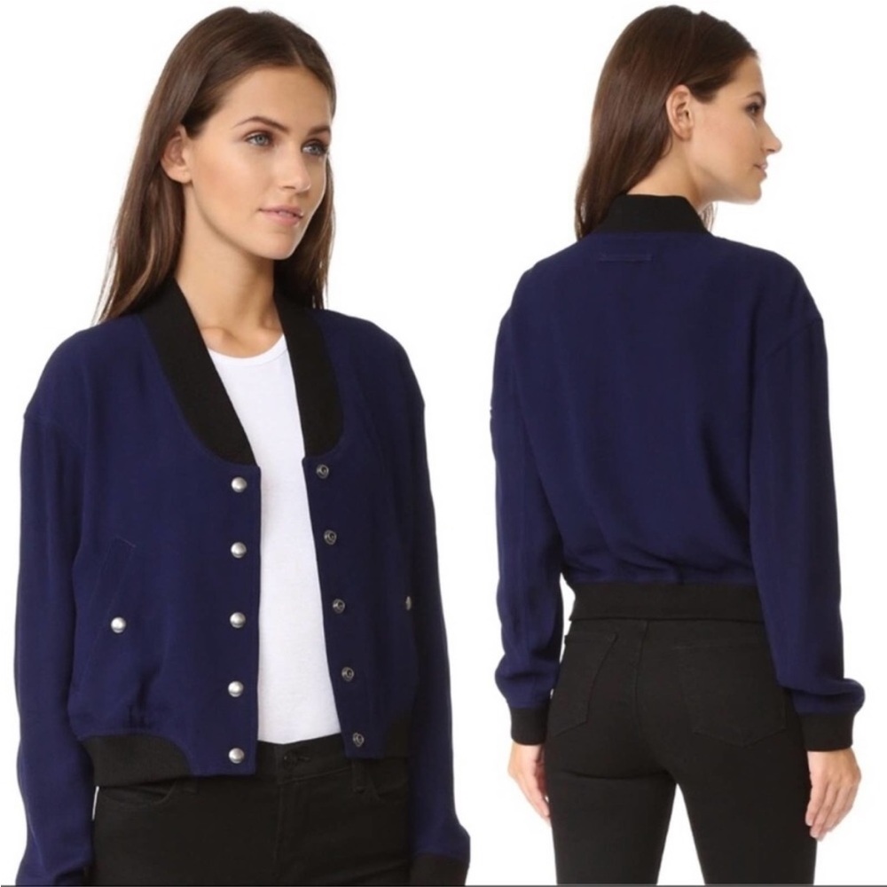 REBECCA MINKOFF Raleigh Cropped Bomber Jacket Sz M Navy Blue Varsity Jacket